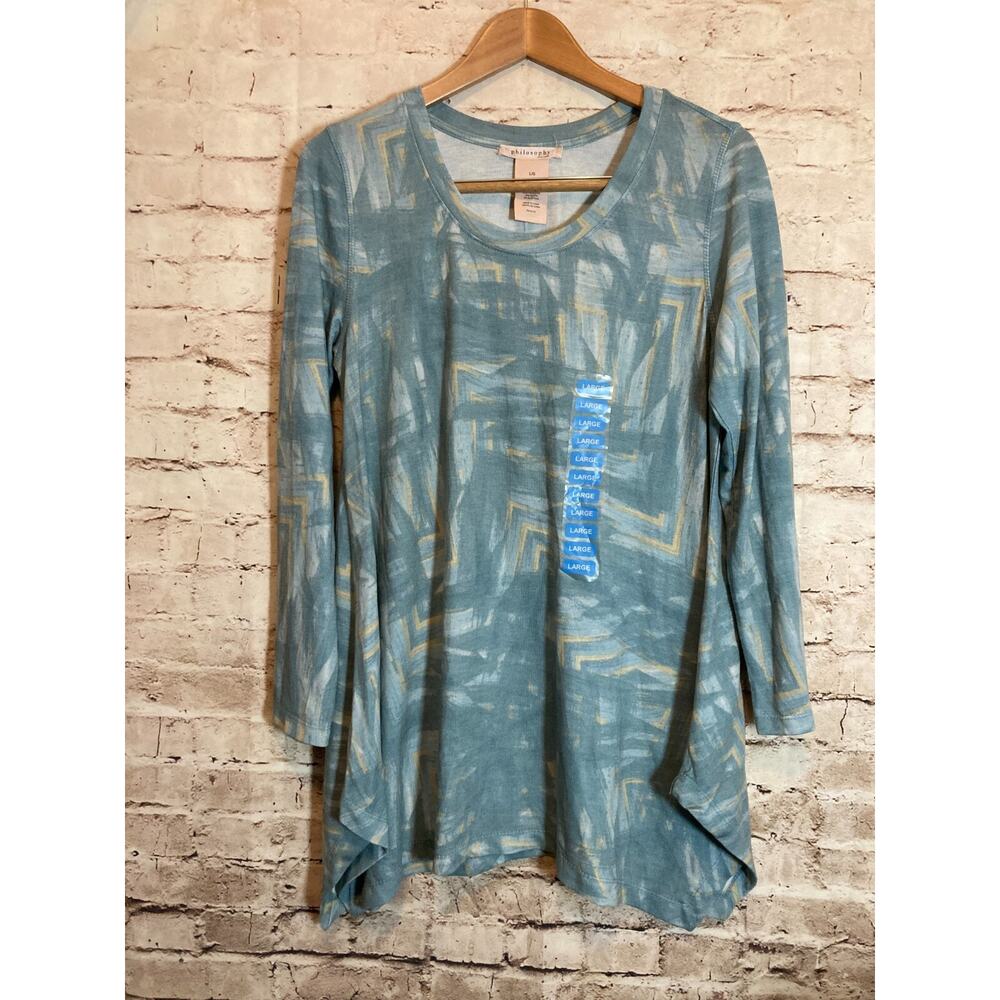 Philosophy Top Womens Large Teal Green Arrow Graphic Tunic‎ Stretch Flowy